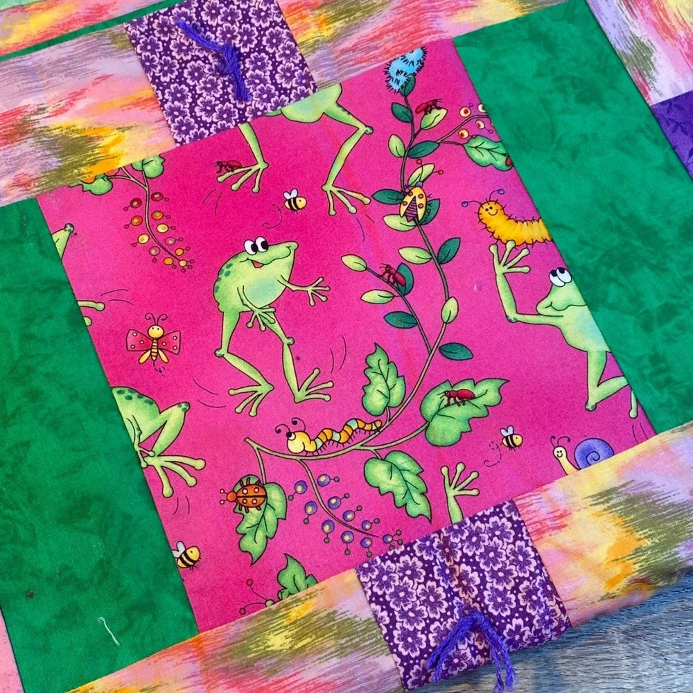 Handmade Frog Garden Patchwork‎ Quilt Baby Blanket Pink Green Tie-Dye 36x48